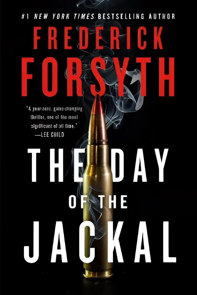 Hardcoverboek the day of the jackal van frederick forsyth met zwarte cover en twee gouden rookende kogels