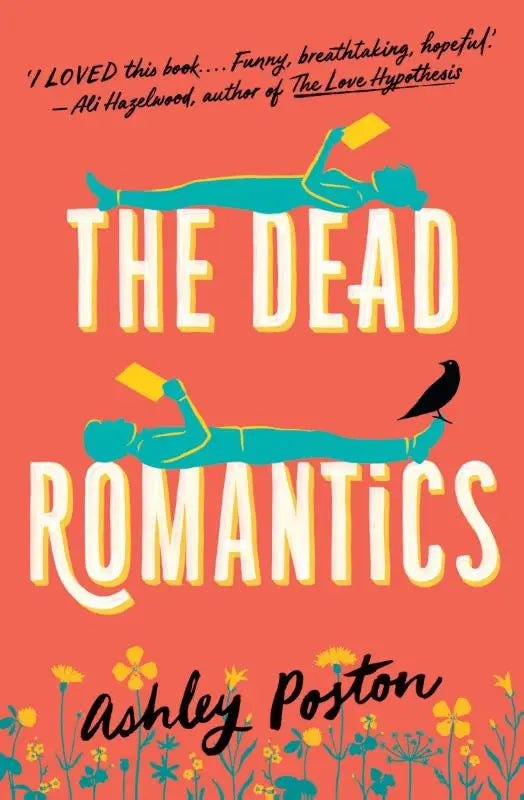 Vibrant koraal boekomslag van the dead romantics met twee turquoise figuren leesgend en zwarte vogel op arm