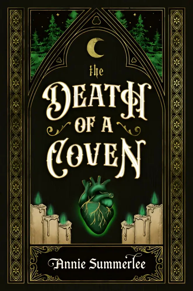 De boekcover van the death of a coven door annie summerlee toont een fantasy romance ontwerp met goudkleurige versieringen en een maan in donkergroen
