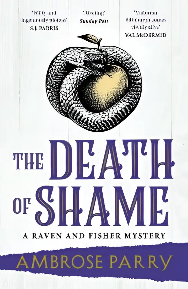 The death of shame boek met zwart-wit illustratie van appel met slang en paarse letters door ambrose parry fisher mystery