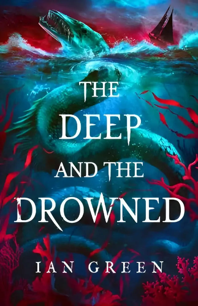 The deep and the drowned boekomslag met een grote teal zeeslang uit rood getinte stormachtige zeeën