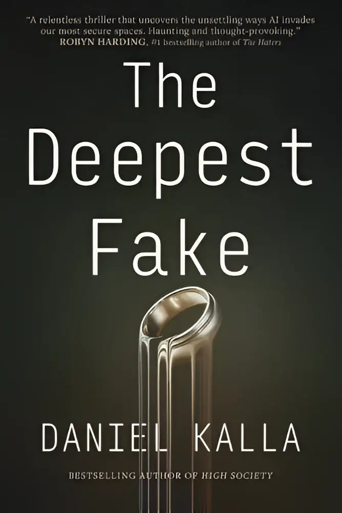 De book cover van the deepest fake toont een metallic zilveren ring met verticale ribbels en reflecterende oppervlakken
