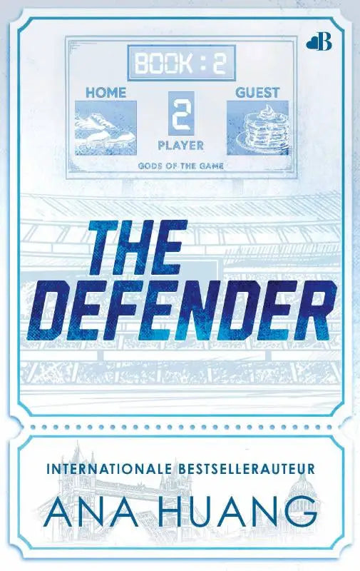 The defender door ana huang is een sportief blauw-wit boek met een cover ontwerp geïnspireerd op the game