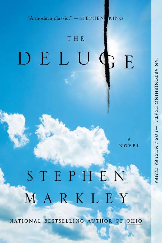 The deluge van Stephen Markley is een roman met een heldere blauwe hemel en witte wolken op de omslag