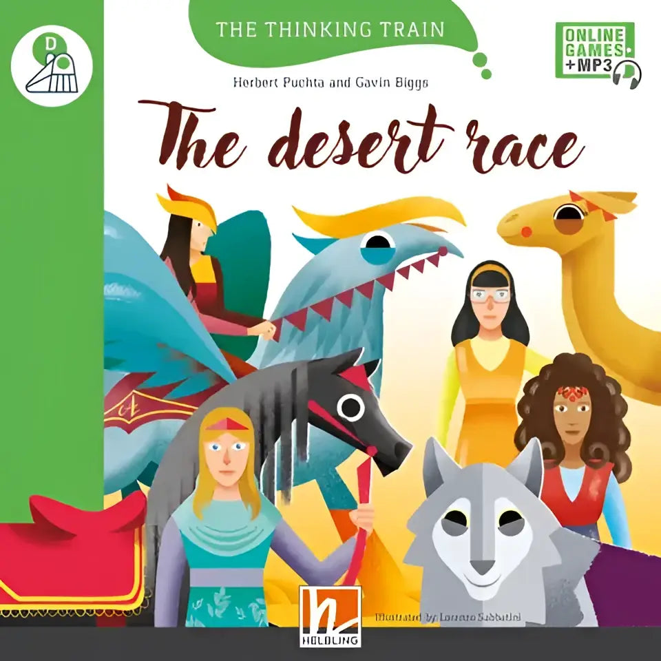 Omslag The Thinking Train De Woestijnrace met blauwe draak en grijze wolf op gele achtergrond