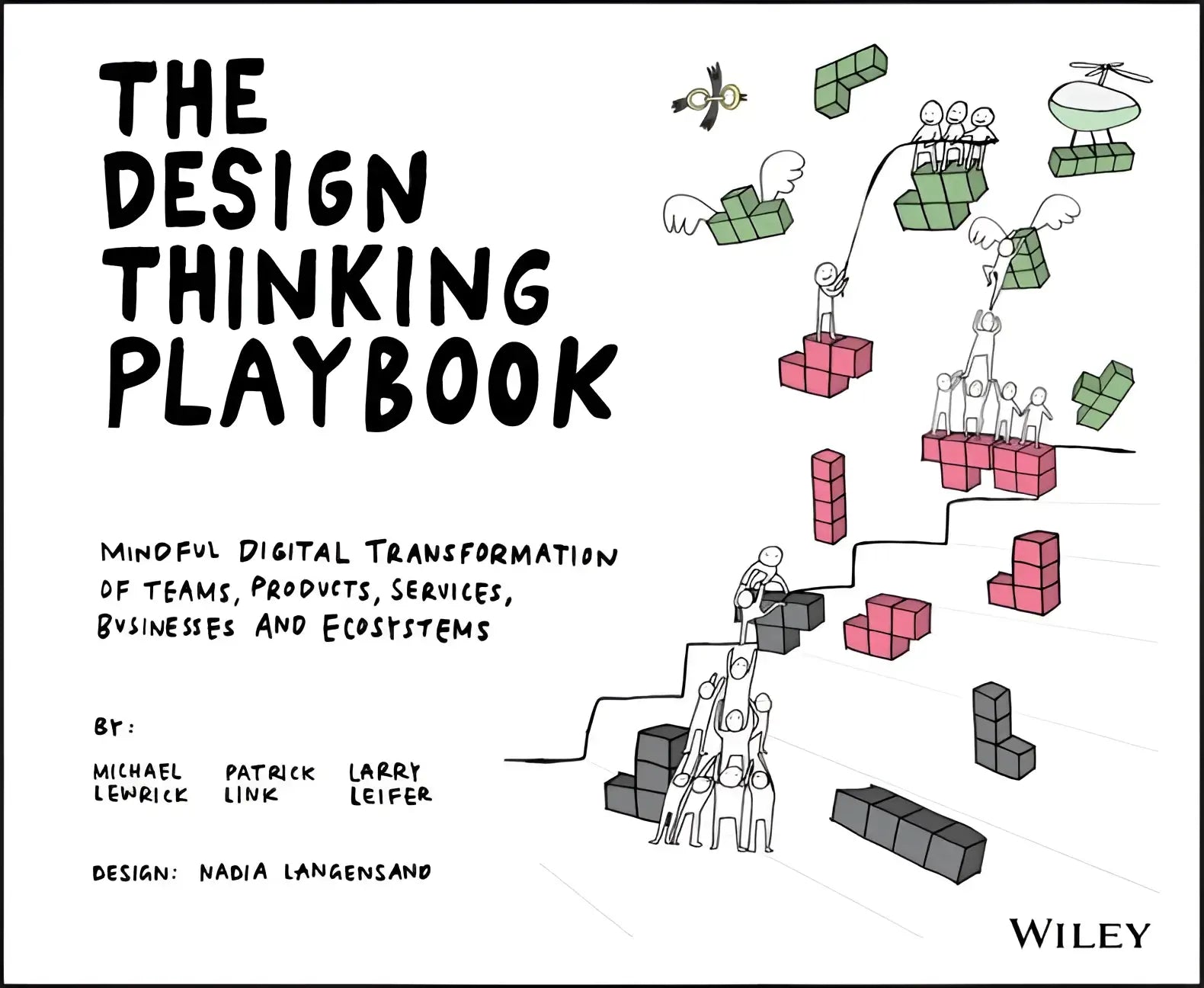 The design thinking playbook book with bold black text and colorful illustrations on digital transformation of teams and products