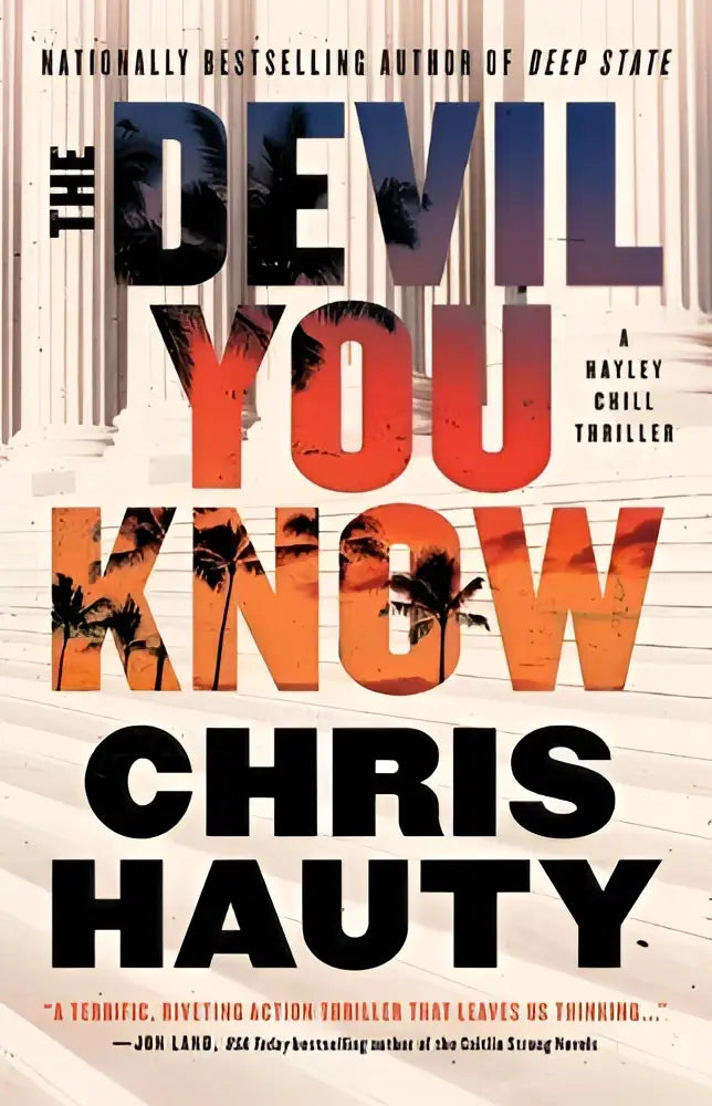 Cover van thrillerroman the devil you know van chris hauty met oranje en zwarte letters en palmboom silhouetten