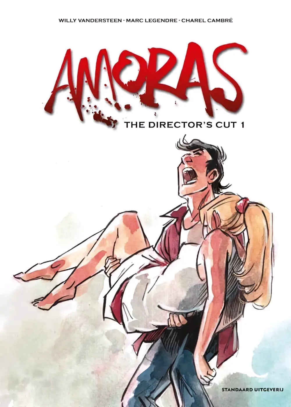 De cover van amoras the director’s cut 1 graphic novel met rode letters en twee personages in dynamische poses