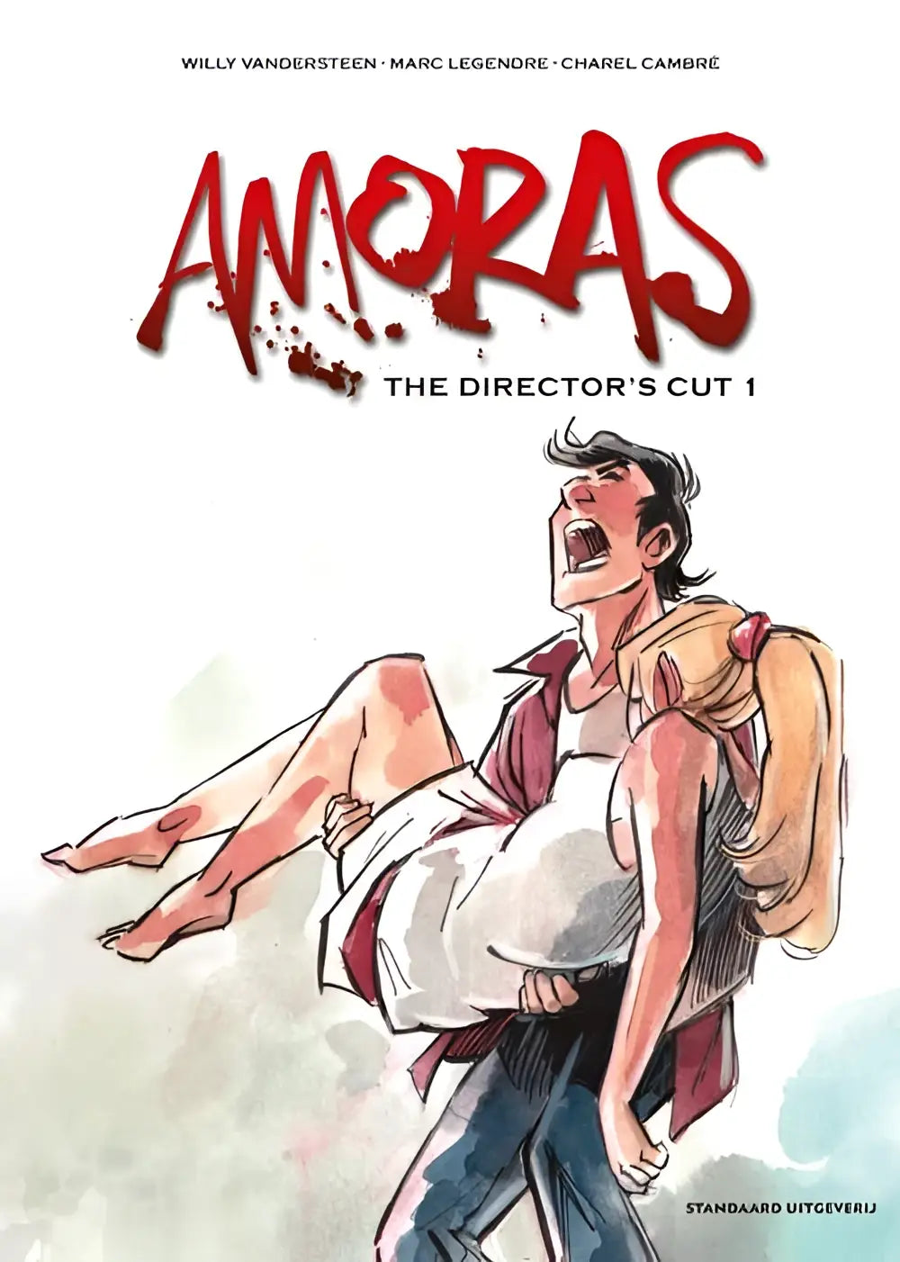 De cover van amoras the director’s cut 1 toont rood lettertype en twee personages in dynamische poses