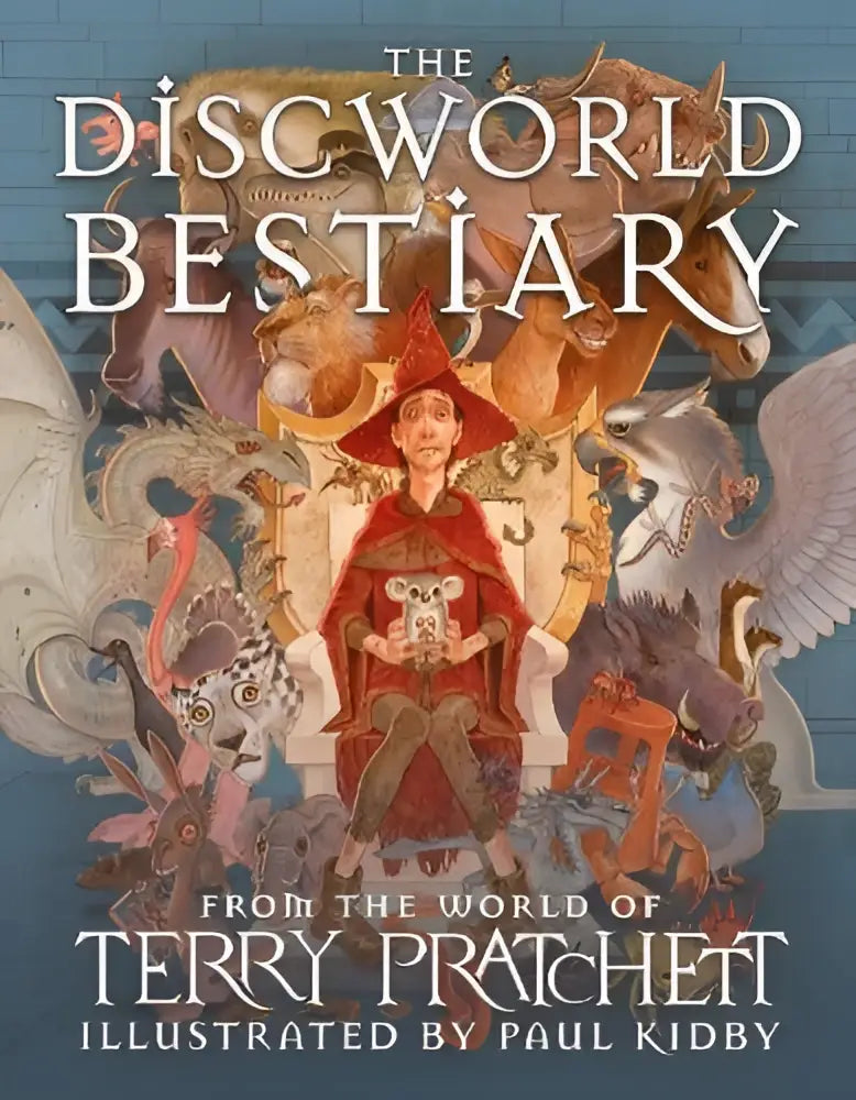 Het discworld bestiary boekomslag toont een kleurrijk ontwerp met een centraal figuur in rode gewaden en fantasiewezens