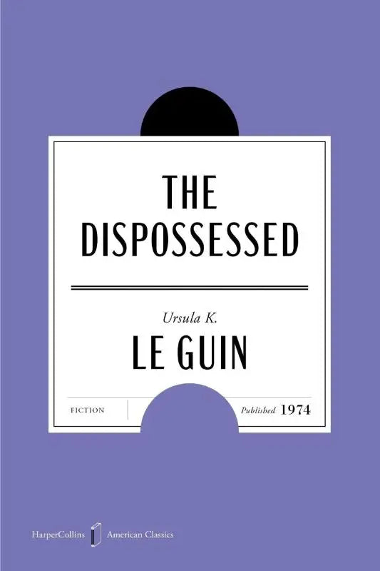Paarse boekomslag met minimalistisch wit etiket en zwarte tekst voor the dispossessed van ursula k in american classics editie