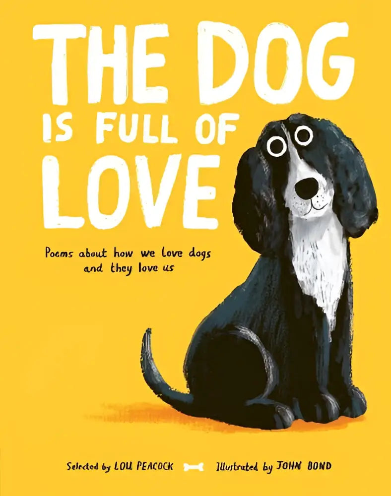 Een charmante zwart-witte illustratie van een hond met flaporen op gele achtergrond in poems about how love dogs and eruit