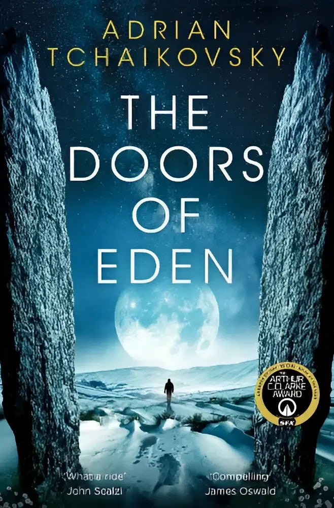 The book cover of the doors of eden by adrian tchaikovsky shows a lone figure between icy stone pillars under a moonlit sky