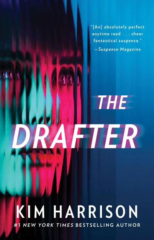 The drafter boek cover door Kim Harrison toont roze en teal strepen op blauw met auteurnaam voor peri reed chronicles
