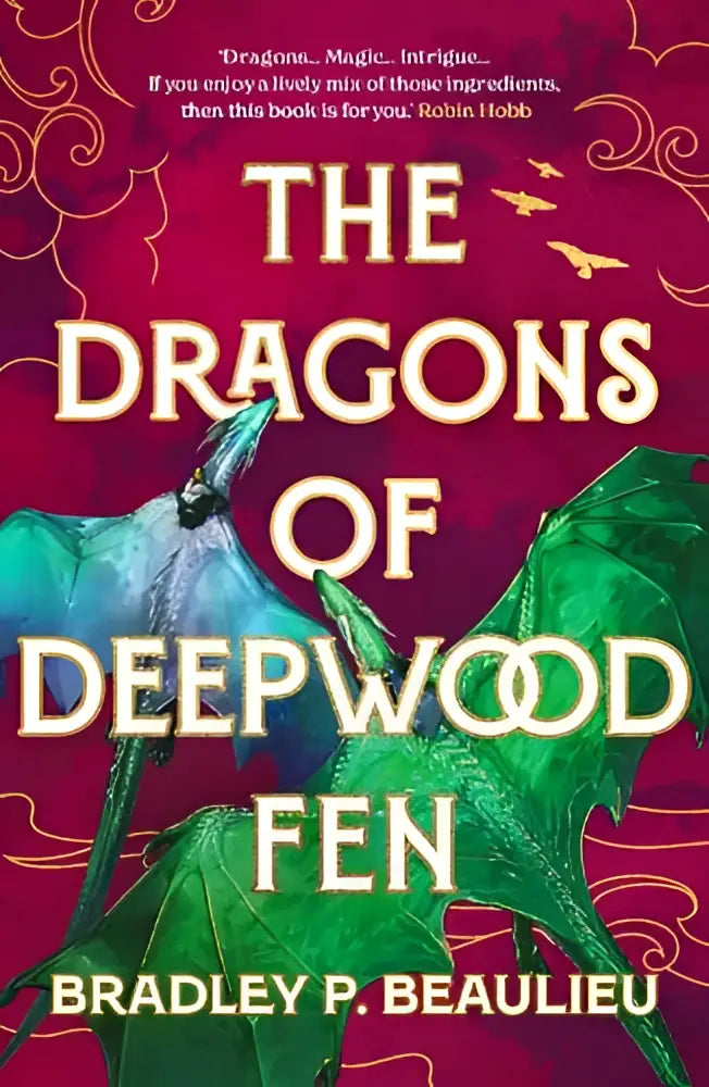 De boekcover van the dragons of deepwood fen toont twee sierlijke draken op een felrode achtergrond