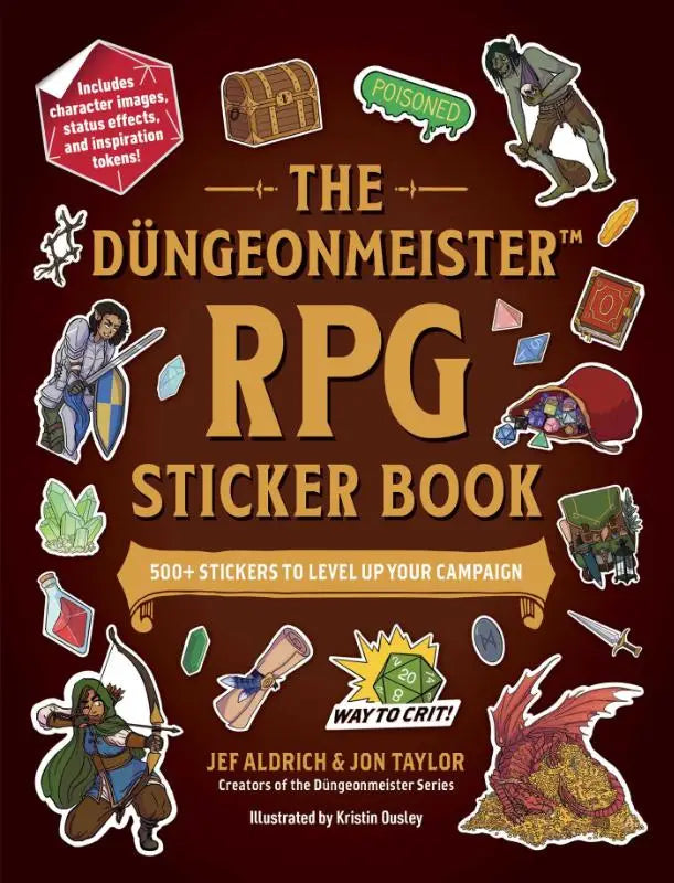 The dungeonmeister rpg sticker book features a rich brown cover with colorful stickers to level your campaign