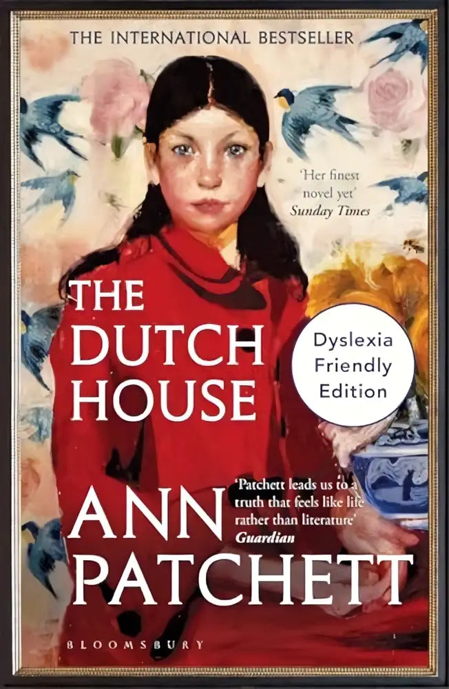 The dutch house dyslexia-friendly edition hardcover book with an illustrated cover of a girl in red dress and birds