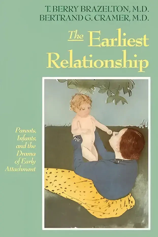 The book cover of the earliest relationship features a soft green background and an illustration of a parent and baby