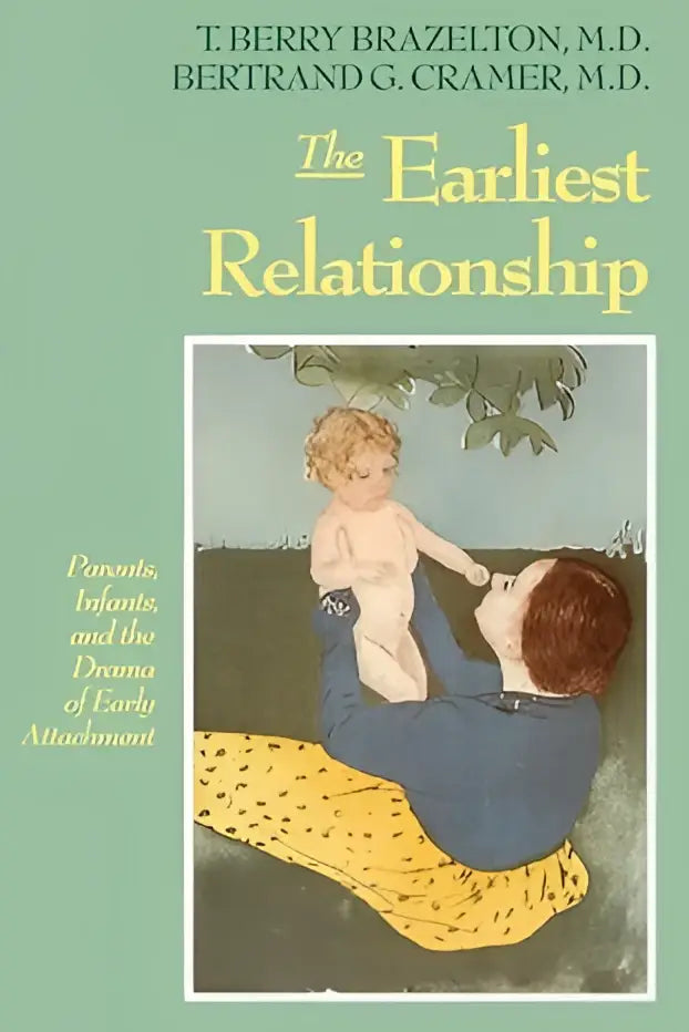 De boekcover toont een zachtgroene achtergrond met de titel the earliest relationship en een blauwe vrouw met baby tegen een bladrijke achtergrond