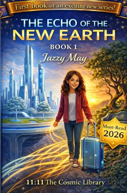 De echo van de nieuwe aarde boek 1 door jazzy may toont een meisje met rode jas en blauwe koffer bij futuristische stad