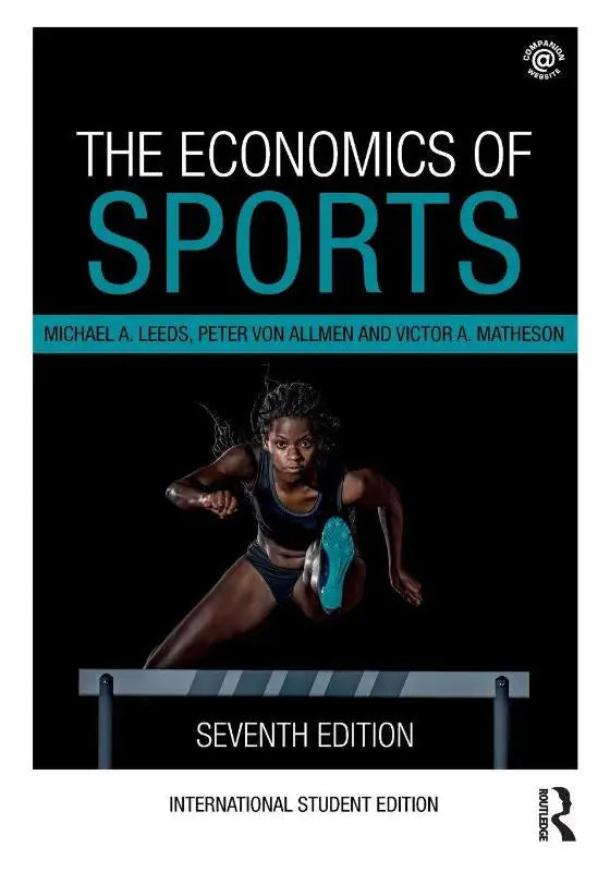 Zwart hardcover leerboek the economics of sports met dynamische afbeelding van atleet bij hordelopen en zevende editie