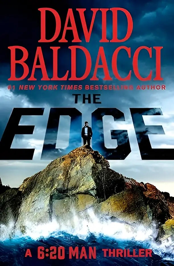 Boek the edge van david baldacci met dramatische cover en rood-zwarte letters, eenzame figuur op klif bij zee