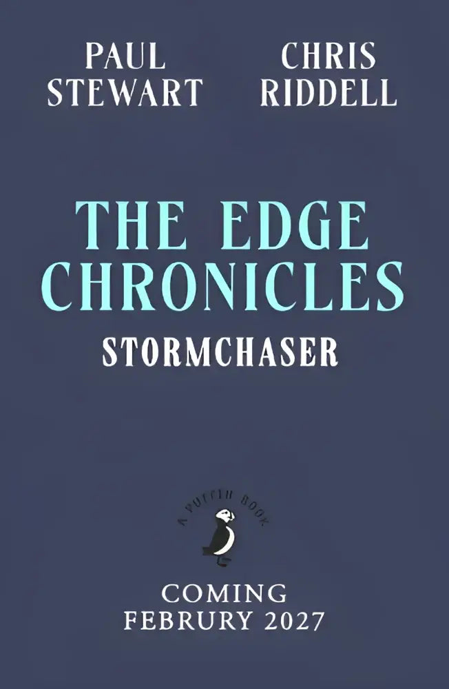 The edge chronicles stormchaser dark blue paperback book with light teal lettering and penguin books logo