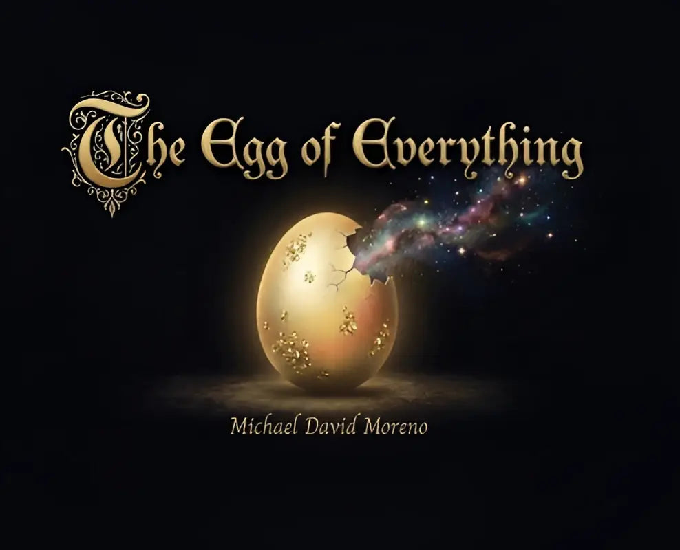 Een gouden gebarsten ei met ingewikkelde bloemmotieven en een gloeiende kosmische uitbarsting, het egg of everything