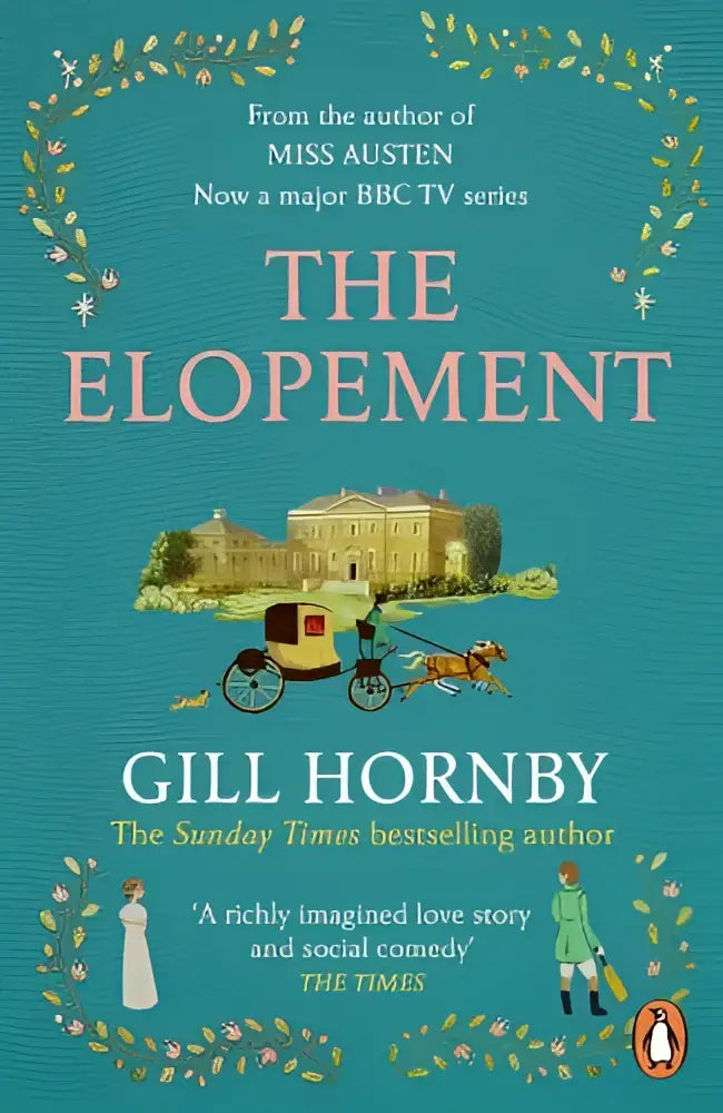 The elopement boekomslag met een teal achtergrond, elegante roze serif titel en illustratie van een landgoed met paardenkoets