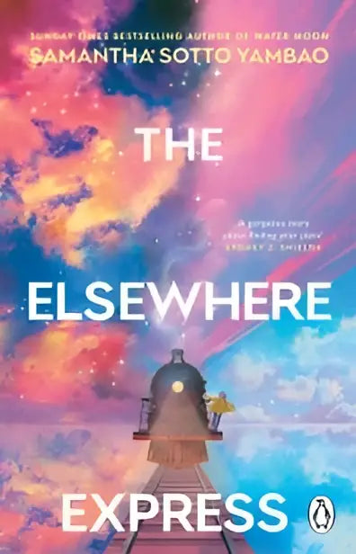 De boekcover van the elsewhere express toont een surrealistische roze en blauwe lucht boven een donkere toren