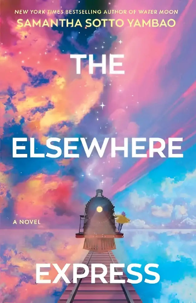 De boekcover van the elsewhere express deluxe edition toont een levendige illusie van een stoomtrein in een droomachtige lucht