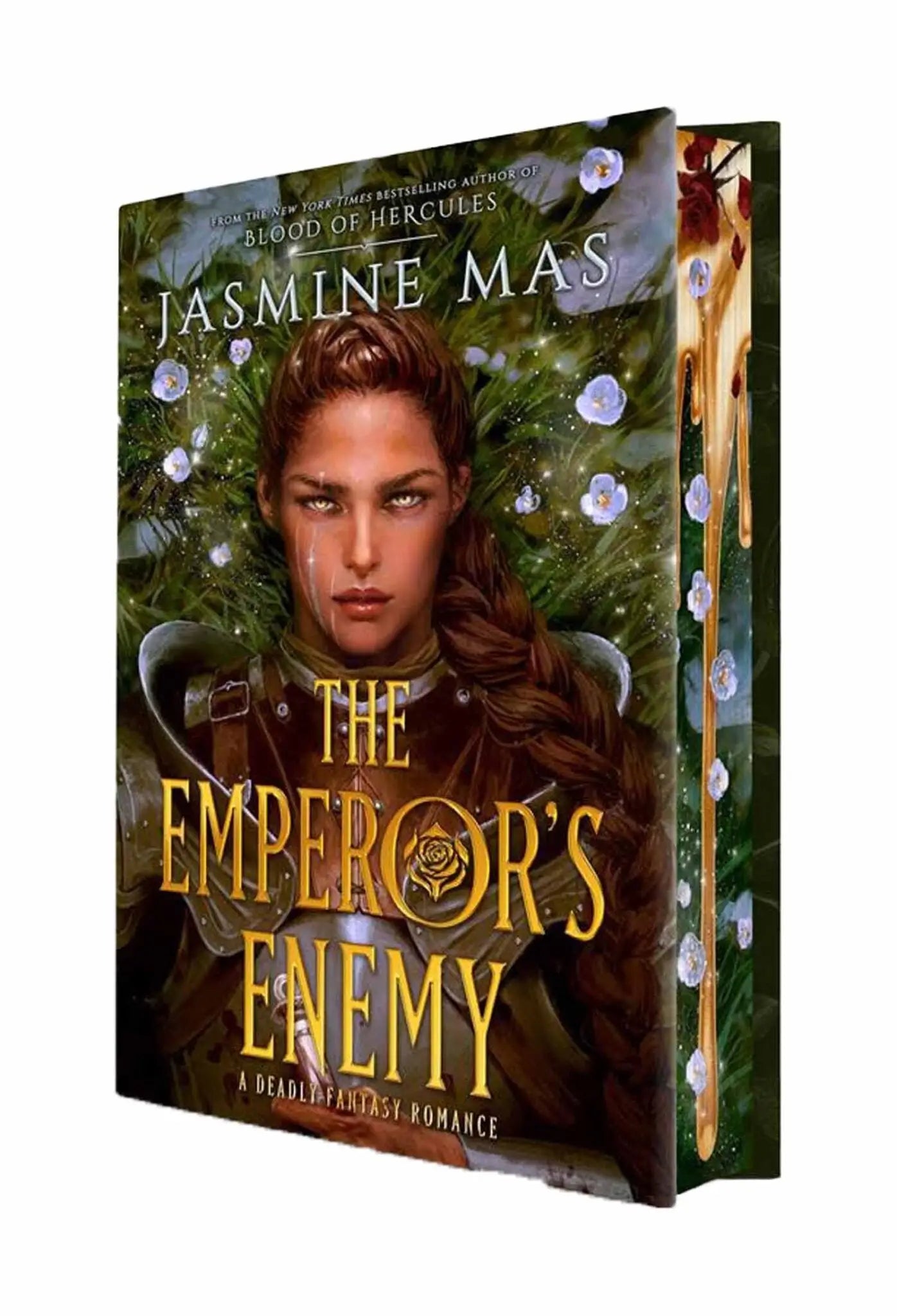 Hardcover boek the emperor’s enemy deluxe limited edition met fantasy omslag vrouw in harnas en gouden vloeistof, dark fantasy romance