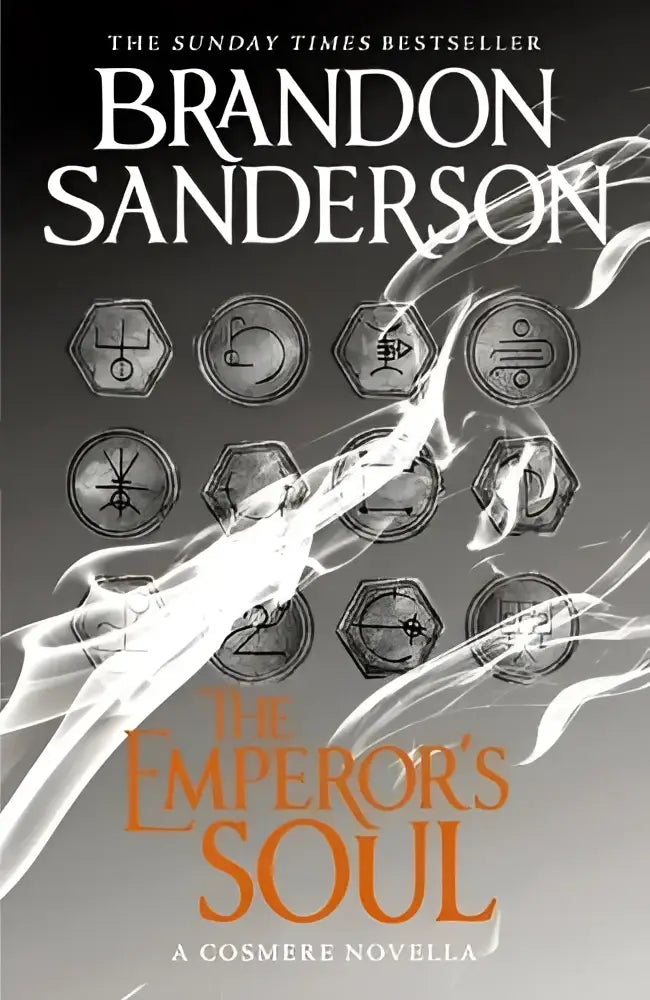 The emperor’s soul cosmere standalone hardcover book with dark gray cover featuring hexagonal symbols and white energy lines