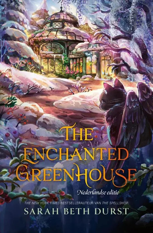 The enchanted greenhouse boekcover toont een sneeuw bedekte glazen kas met warme verlichting en paarse bloemen