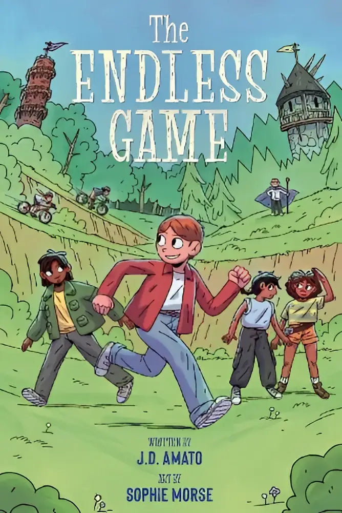 The endless game boekomslag toont een levendige illustratie met cartoonfiguren die door een groen landschap rennen