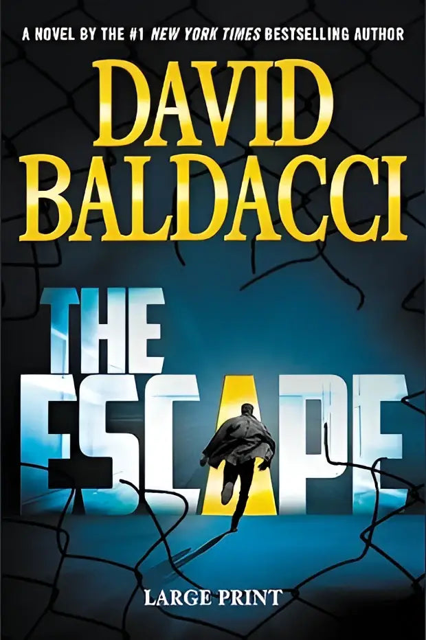 The escape large print novel door David Baldacci met grote gele en witte letters op donkerblauwe omslag met renner door gebroken glas
