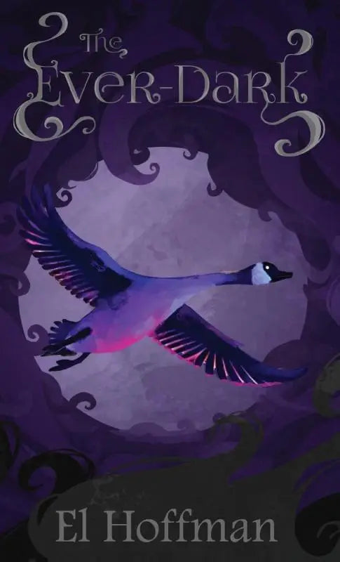 The ever-dark boekcover toont een gestileerde gans in vlucht tegen een donkerpaarse, draaiende achtergrond uit the indirettan chronicles