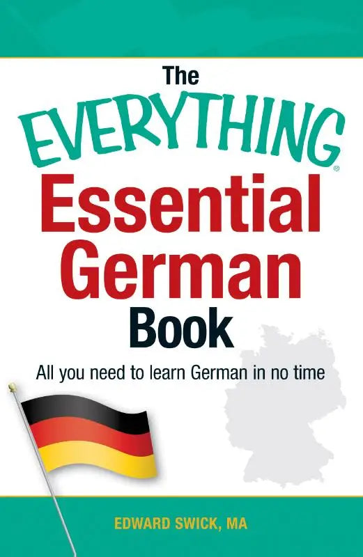 De everything essential german book met rode en groene letters en een golvende duitse vlag is alles wat je nodig hebt om duits te leren