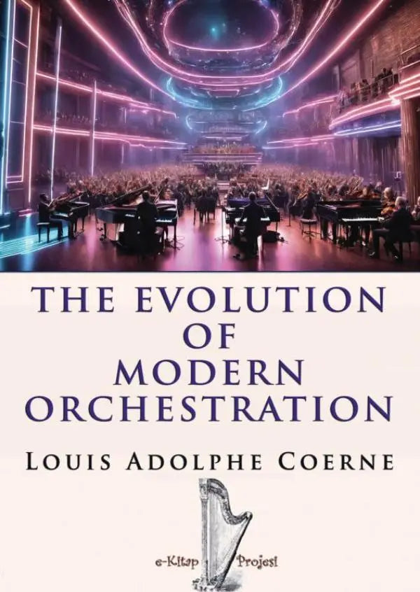 De cover van the evolution of modern orchestration door louis adolphe coerne toont een minimalistische harpillustratie onder de titel