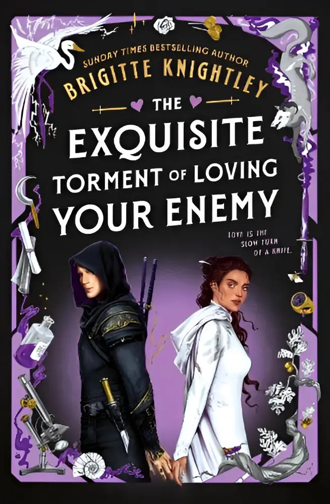 De exquisite torment van loving your enemy boekomslag met twee personages in donker en wit tegen paars fantasiedesign