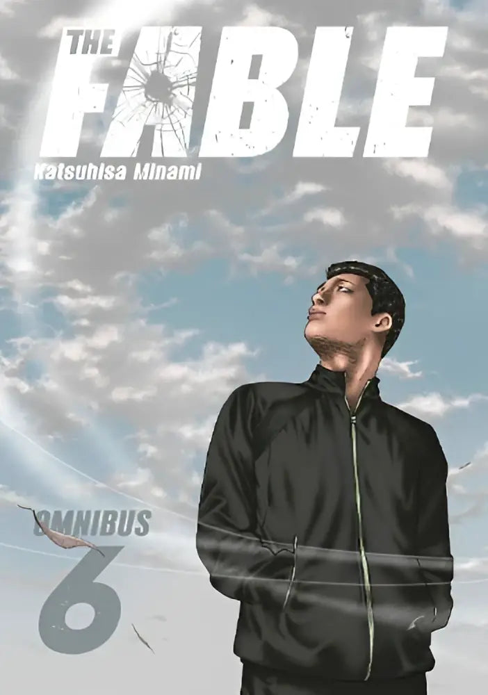 Zwarte zip-up jas met subtiele glans gedragen door figuur kijkend omhoog tegen bewolkte lucht in the fable omnibus