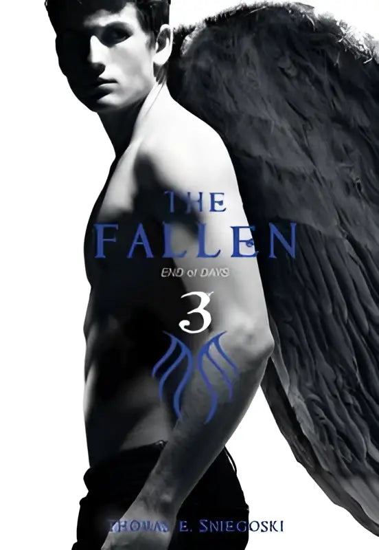 The fallen 3 end of days boekcover toont een gespierde man met donkere veren vleugels op een witte achtergrond voor jonge lezers