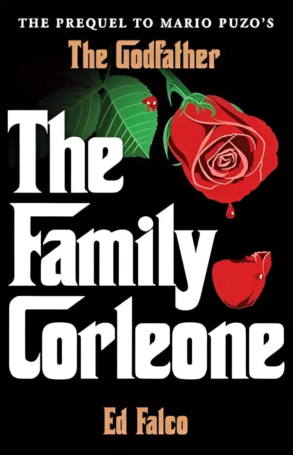 The family corleone boekomslag met witte letters op zwarte achtergrond, rood roosaccent en een kleine lieveheersbeestje