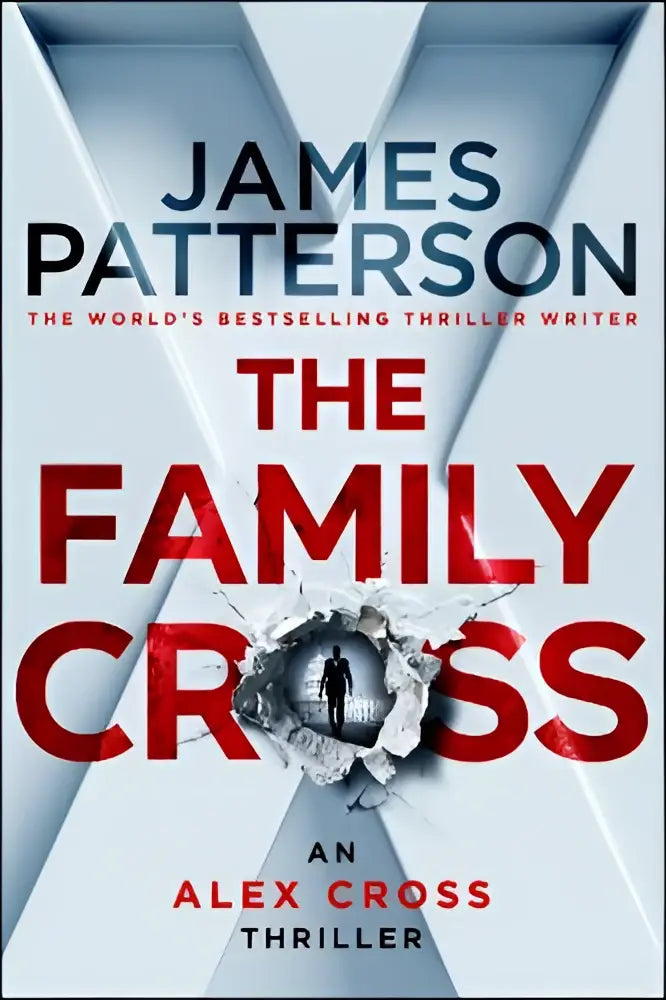 De boekcover van the family cross toont vetgedrukte rode en zwarte tekst op een witte achtergrond met geometrisch ontwerp