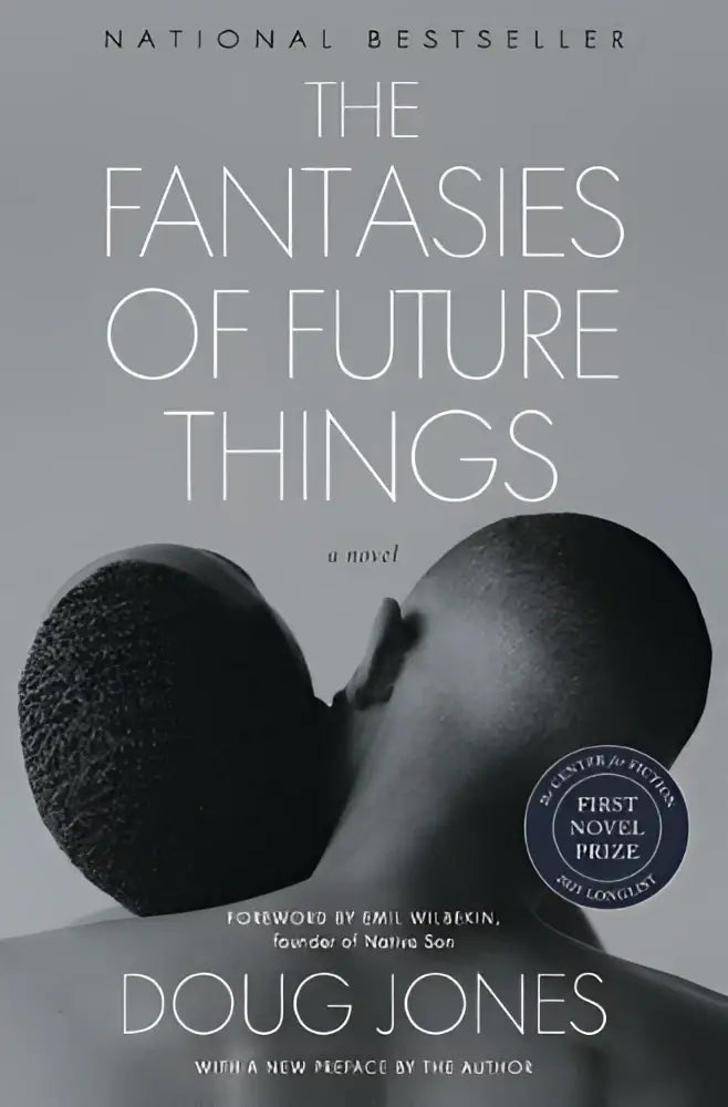 De fantasieën van future things een zwarte en witte roman met twee mannen in profiel en een prijszegel