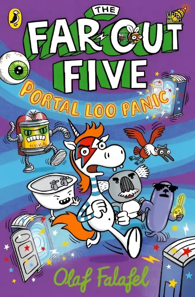 De far-out five portal loo panic boekomslag met paarse achtergrond en cartoonfiguren zoals eenhoorn en robot