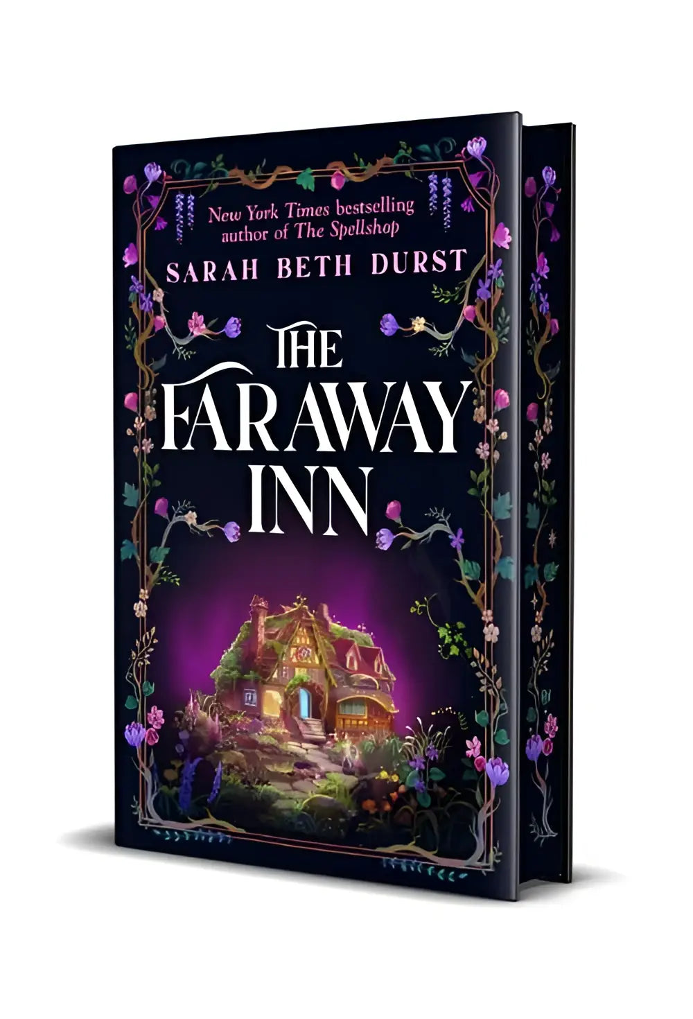 The faraway inn hardcover book by sarah beth durst with dark navy cover and glowing inn illustration in a magical garden