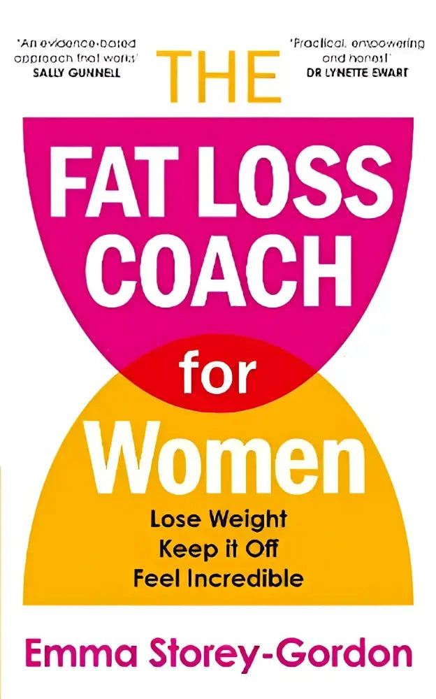 Het boek the fat loss coach for women toont gedurfde roze en gele tekst op een witte achtergrond voor vrouwen