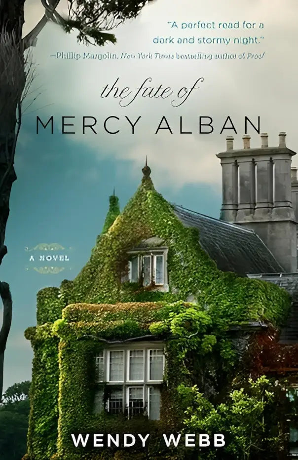 De omslag van het boek The fate of mercy alban toont een stenen huis met klimop en mos onder een lichte blauwe lucht