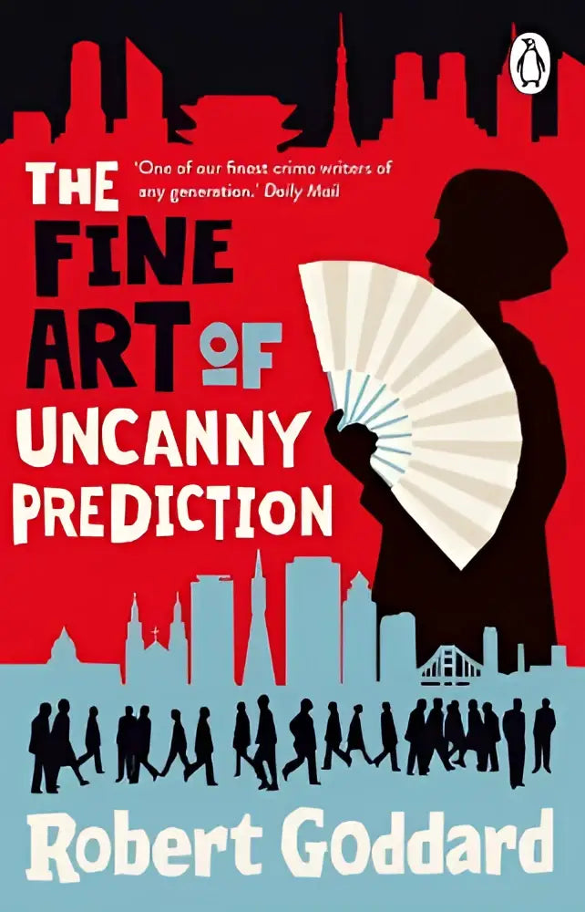 Rode boekcover van the fine art of uncanny prediction met zwarte man silhouette en stadsgezicht achtergrond